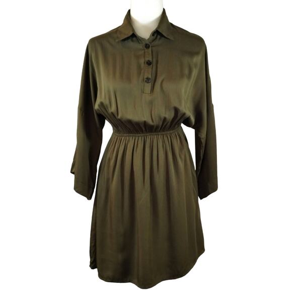 L Andree by Unit Olive Green Dolman Wide Sleeve Button Collared Dress S NWT Flaw - Picture 1 of 15